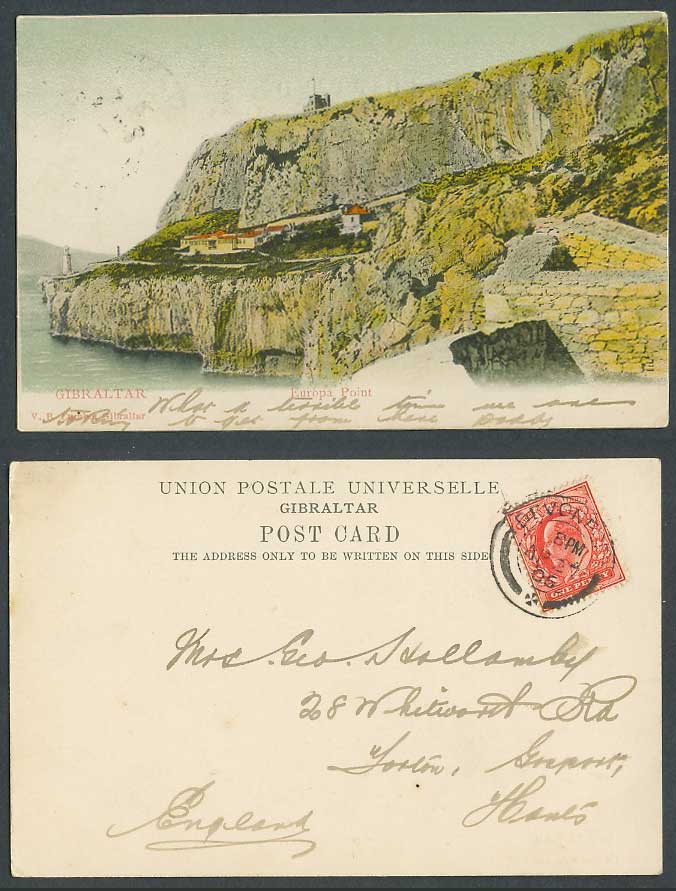Gibraltar GB KE7 1d 1906 Old Colour Postcard Europa Point Lighthouse Rock Cliffs