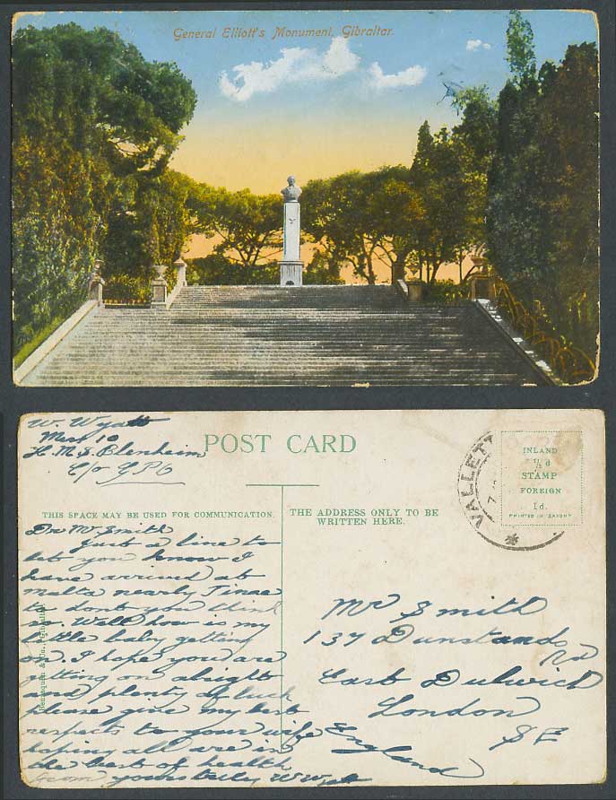 Gibraltar Old Colour Postcard GENERAL ELLIOTT'S MONUMENT, Steps, Postally Used