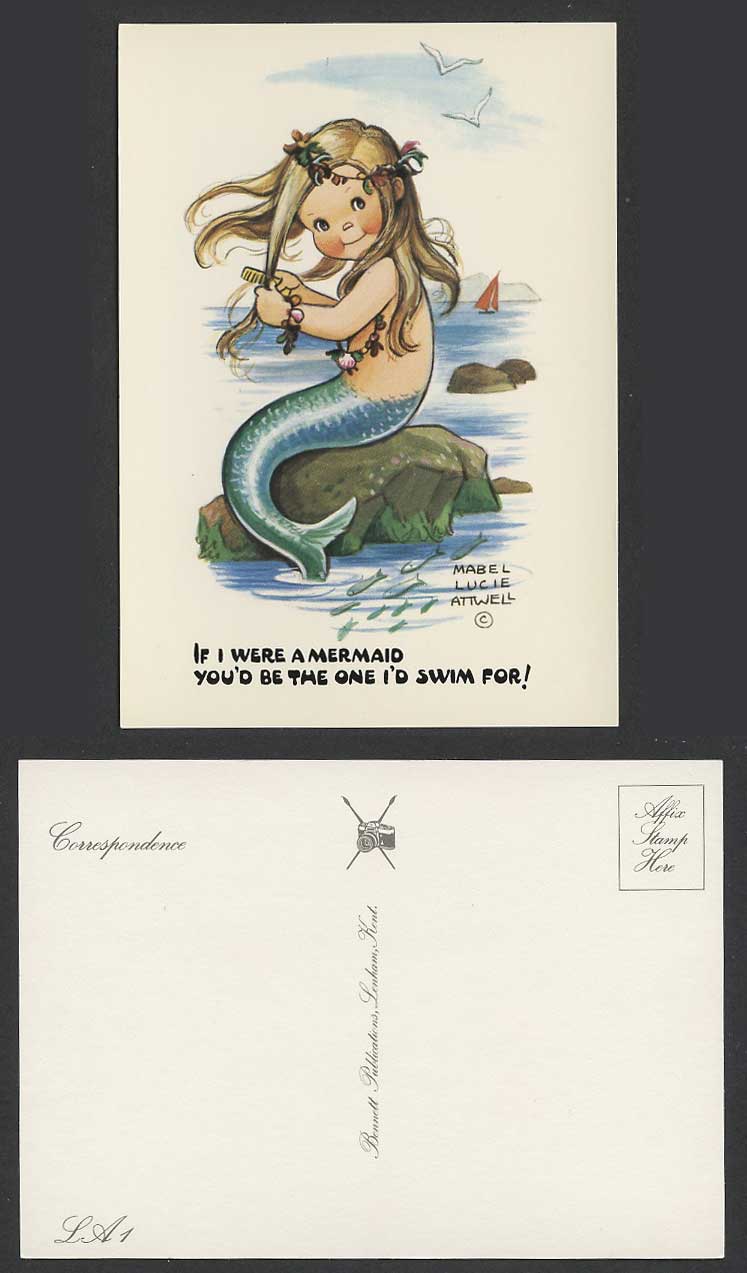 Mabel Lucie Attwell Old Postcard If I Were Mermaid Swim For You Combing Hair LA1