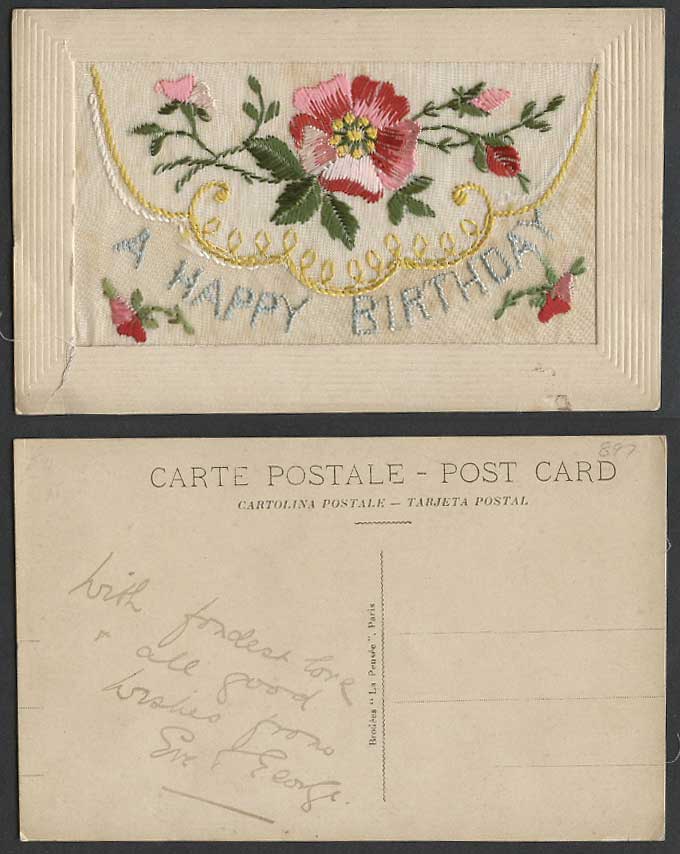 WW1 SILK Embroidered Old Postcard A Happy Birthday Flowers, Empty Wallet Novelty