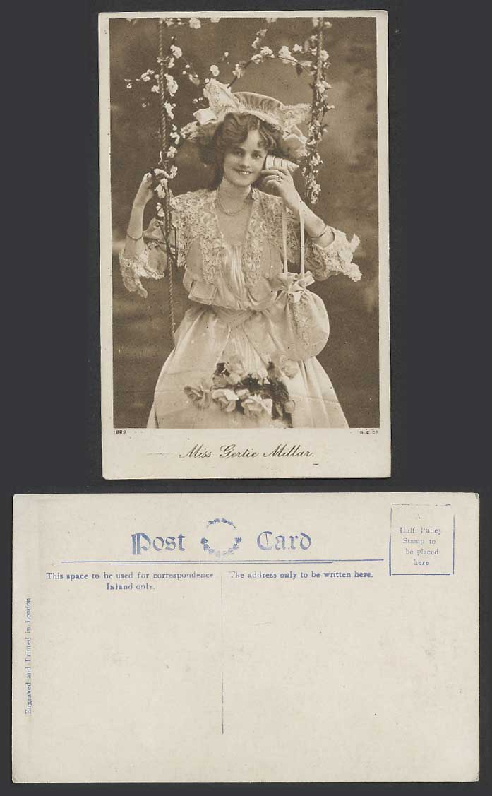 Actress Miss GERTIE MILLAR on Swing with Flowers Glamour Lady Woman Old Postcard