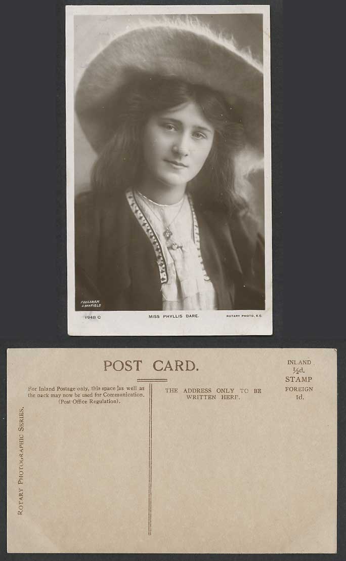 Actress Miss PHYLLIS DARE wear Necklace Hat Glamour Lady Old Real Photo Postcard
