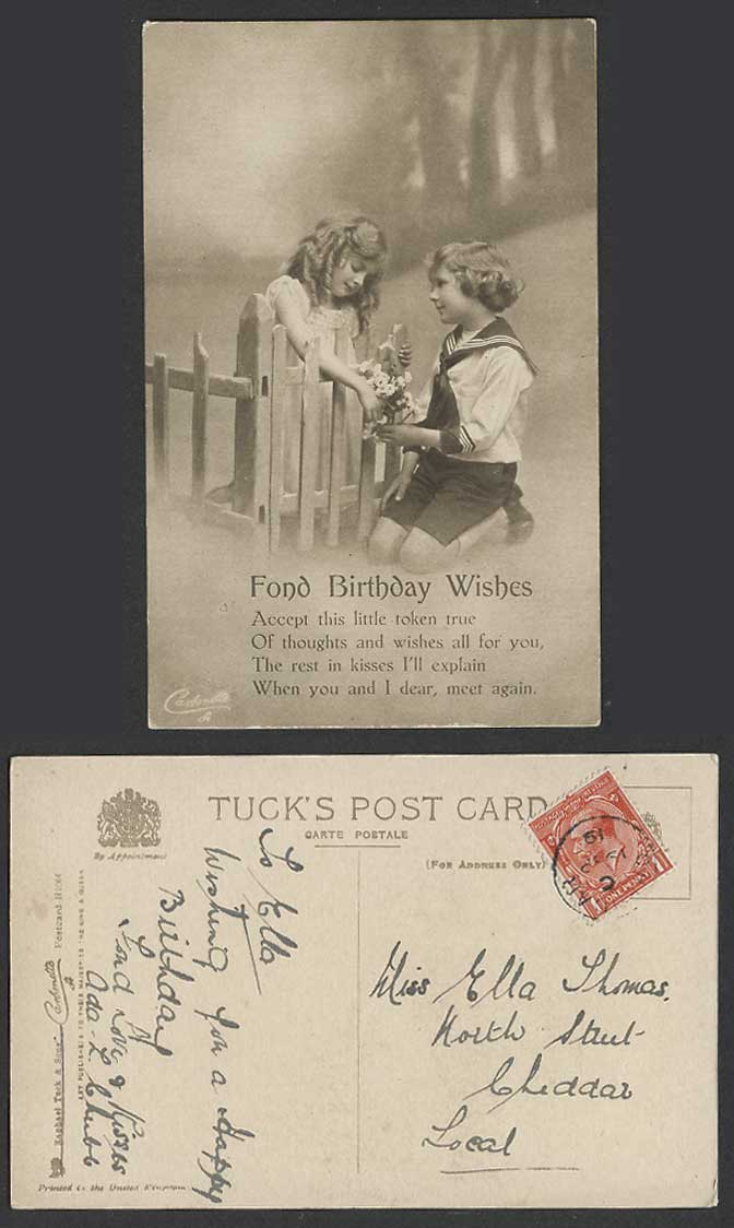 Little Girl & Boy Flowers Romance Fond Birthday Wishes 1919 Old Tuck's Postcard
