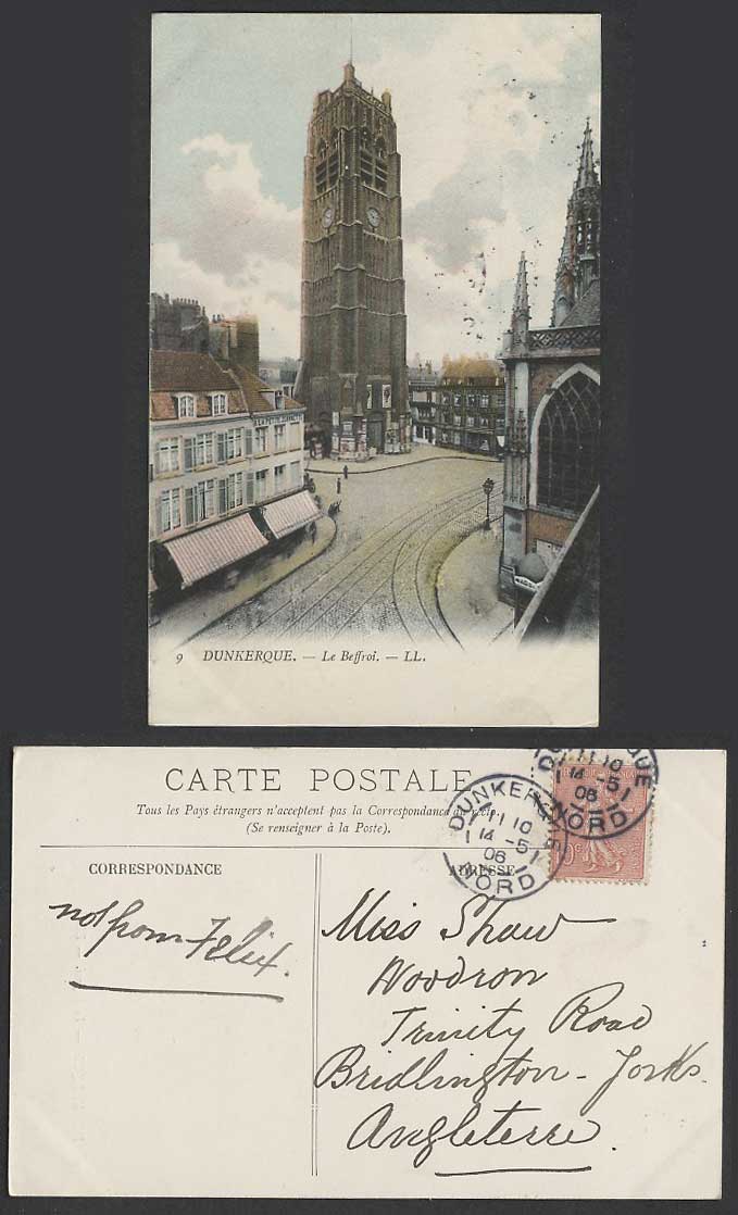 France Dunkerque Old Postcard Le Beffroi Clock Tower Street Scene Tramlines LL 9