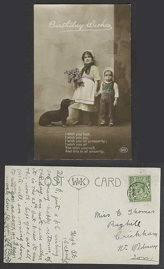 Dachshund German Sausage Dog Puppy Girl Flower Birthday Wishes 1914 Old Postcard