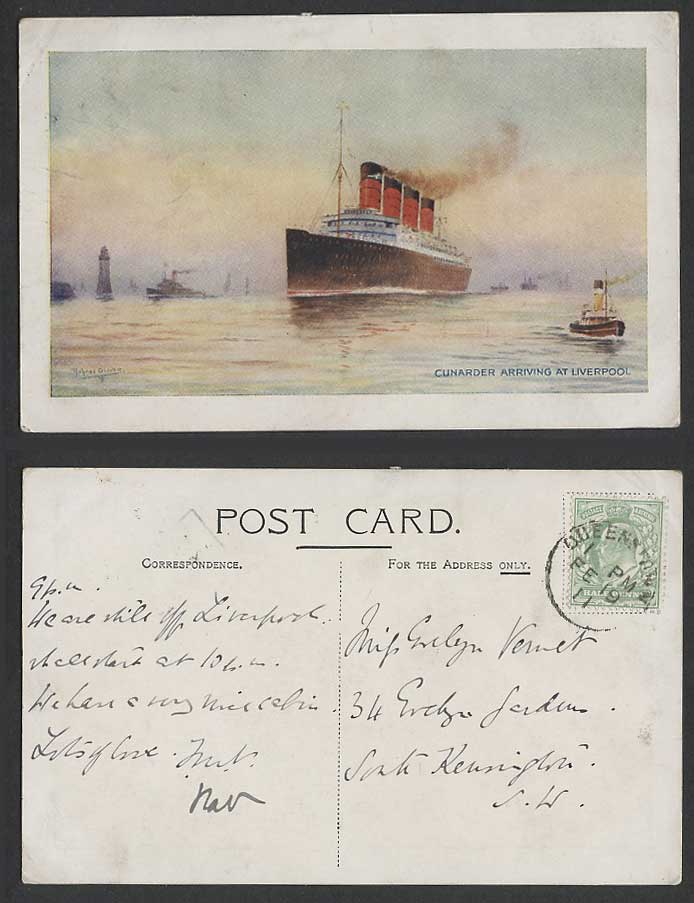 Cunarder Arriving at Liverpool Steamer Ship, by Richard Oliver 1911 Old Postcard