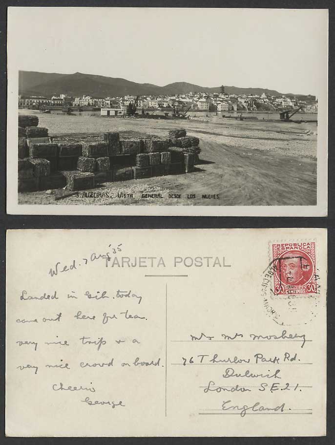Spain 1935 Old Postcard Algeciras Vista General desde los Muelles Docks Panorama