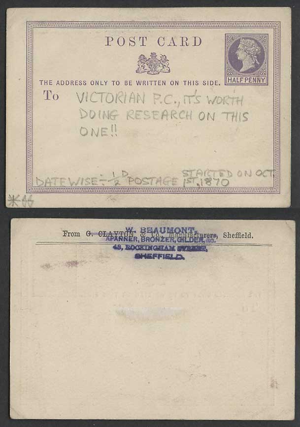 GB 1870 Postal Stationery Card Queen Victoria 1/2d Lilac Rockingham St Sheffield