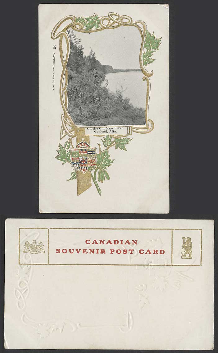 Canada Old Postcard Oldman Old Man River Scene Macleod Alta Alberta Coat of Arms