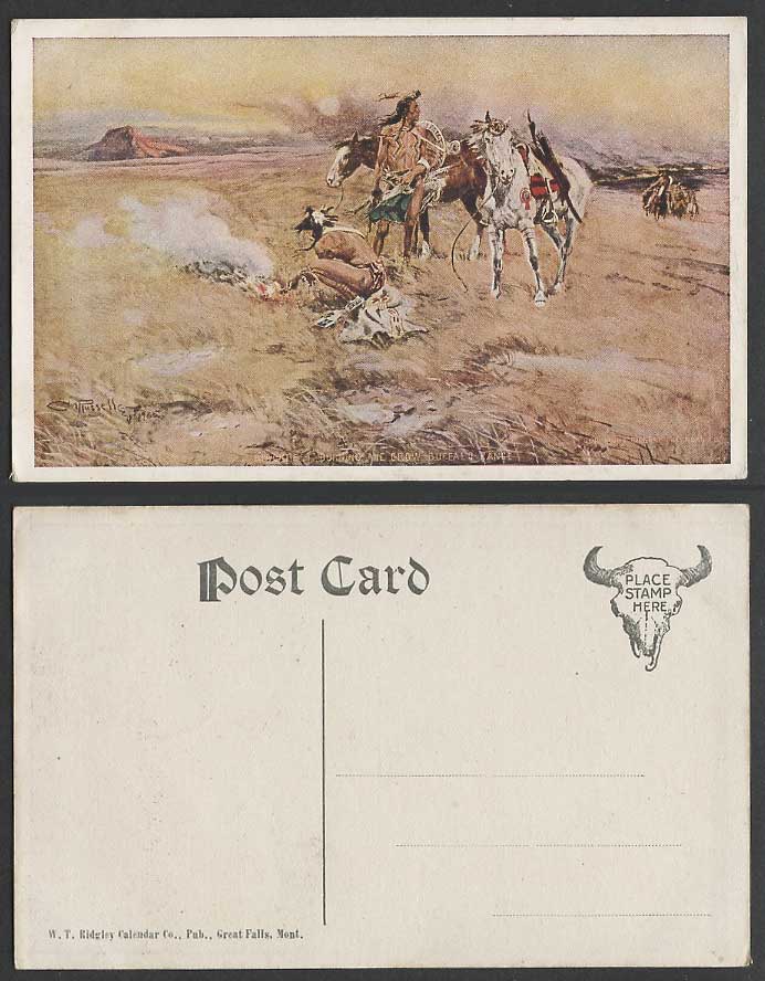 American Red Indian Blackfeet Burning The Crow Buffalo Range Horses Old Postcard