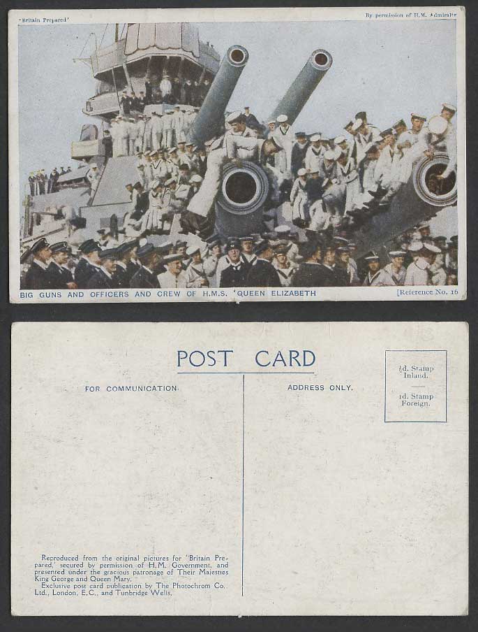 WW1 Britain Prepared 16 Old Postcard Big Guns Officers Crew, HMS Queen Elizabeth
