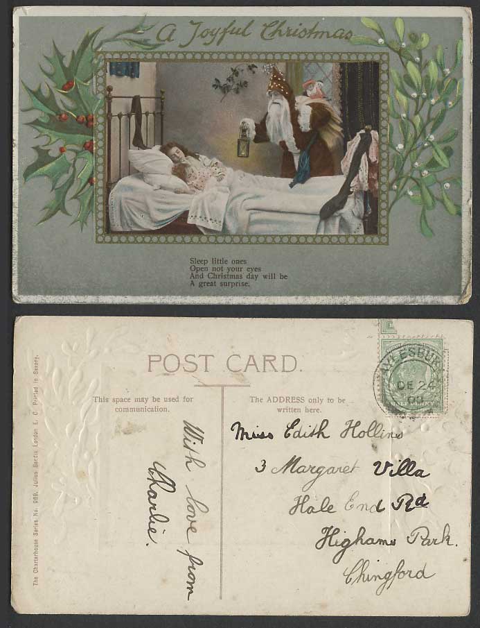 Santa Claus Father Christmas Holly Mistletoe Girl Sleeping Bed 1909 Old Postcard