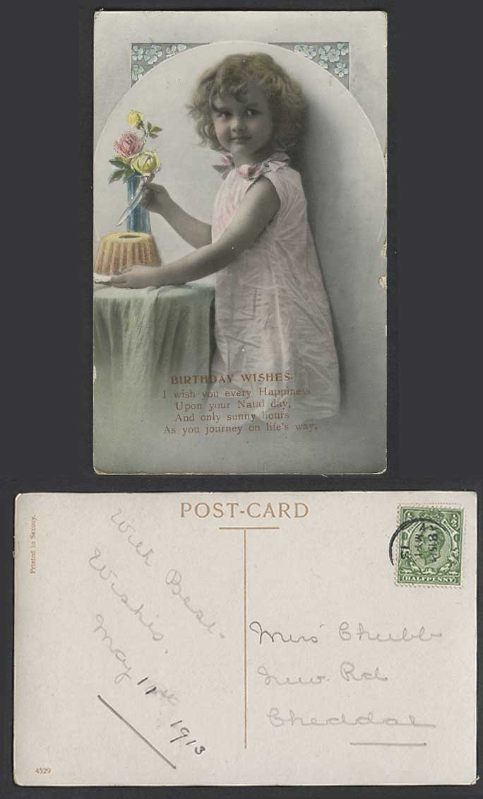 Birthday Wishes Greetings, Little Girl Cutting a Cake, Flowers 1913 Old Postcard