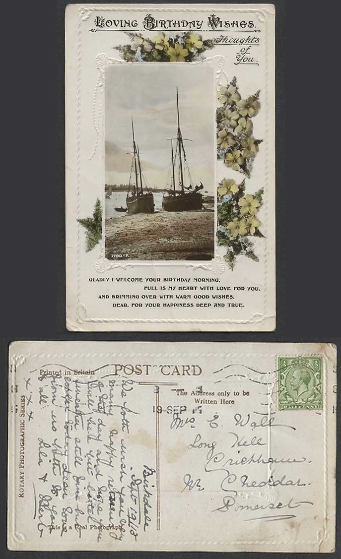 Loving Birthday Wishes Thoughts of You Greetings Boats Flowers 1/2d Old Postcard