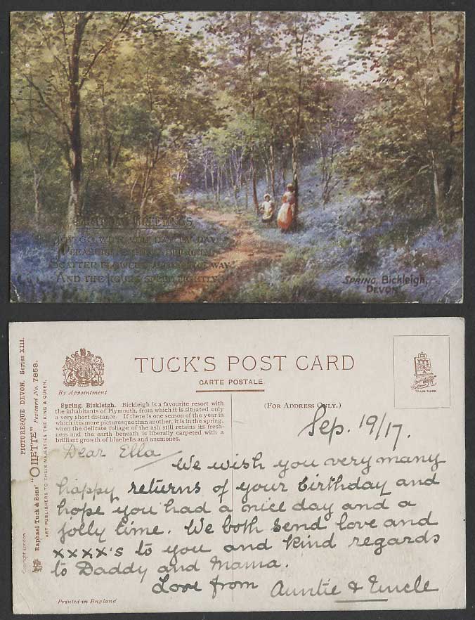 Devon Bickleigh Spring 1917 Old Tuck's Oilette Postcard Woman Little Girl Woods