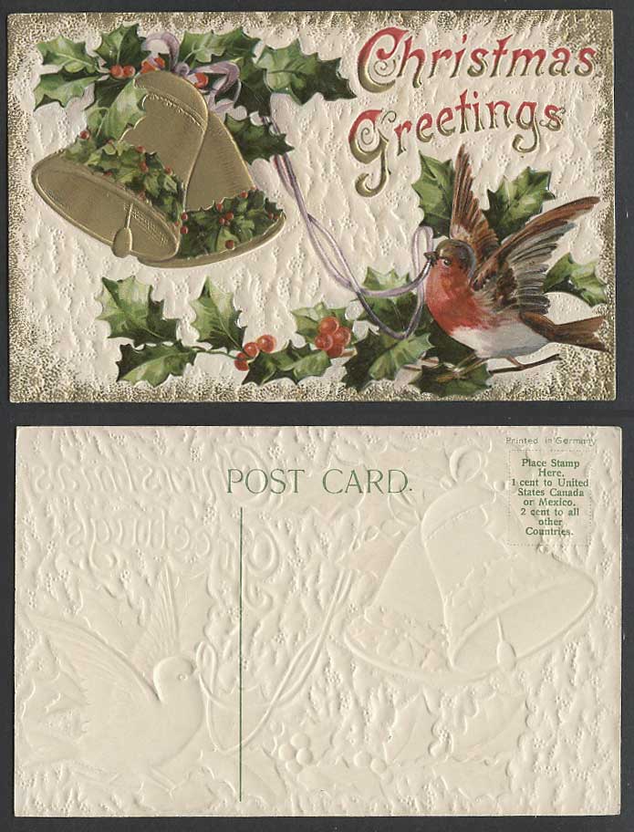 Robin Bird Tolling Bells, Holly, Xmas Christmas Greetings Old Embossed Postcard