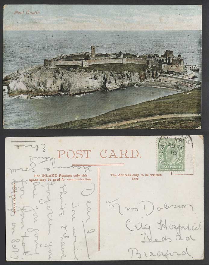 Isle of Man GB KE7 1/2d 1910 Old Colour Postcard PEEL CASTLE on Rocks, Panorama