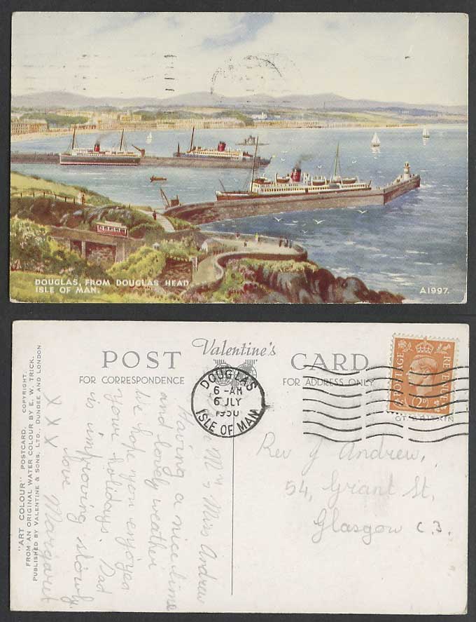 Isle of Man 1950 Old Postcard From Douglas Head TRAM Bridge Lighthouse E W Trick