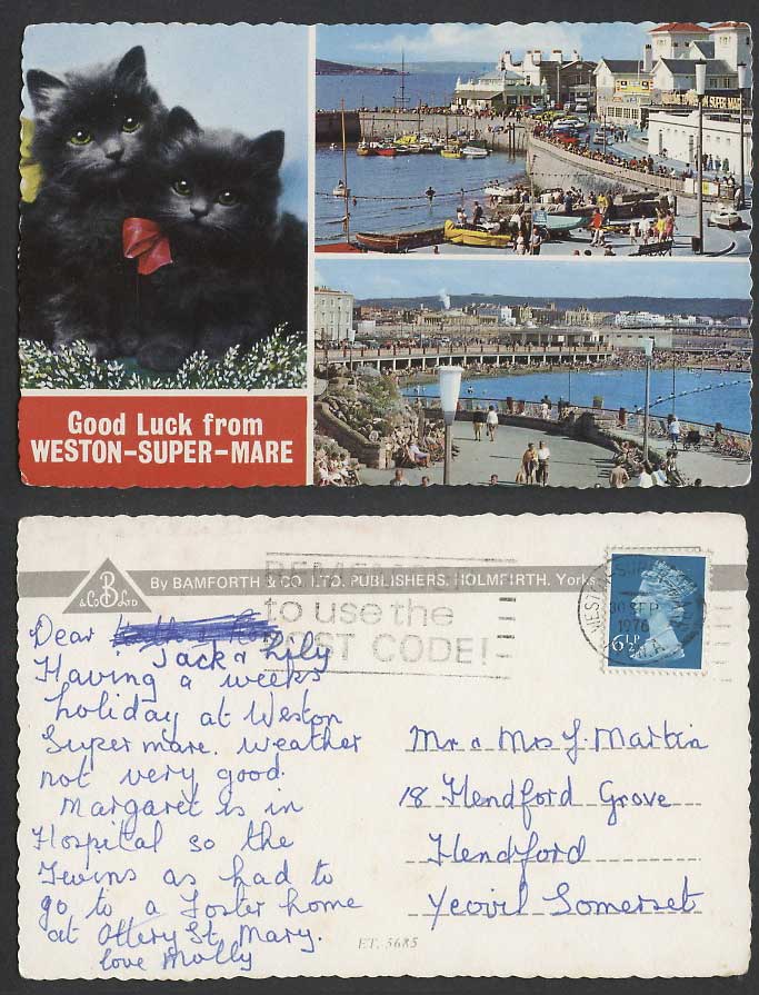 Weston-Super-Mare 1976 Postcard Good Luck Black Cats Kittens Harbour Boat Street