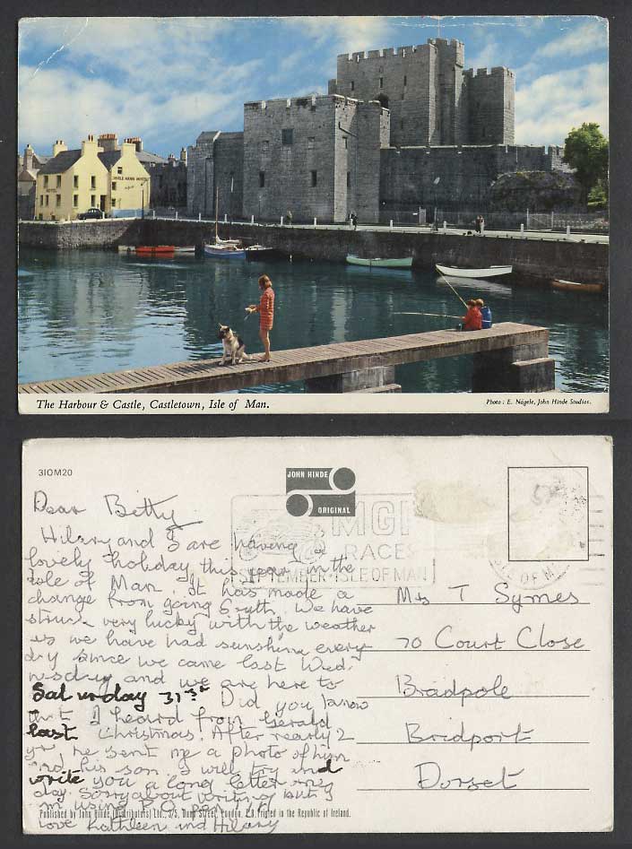 Isle of Man Postcard Harbour Castle Castletown Hotel German Shepherd Dog Fishing
