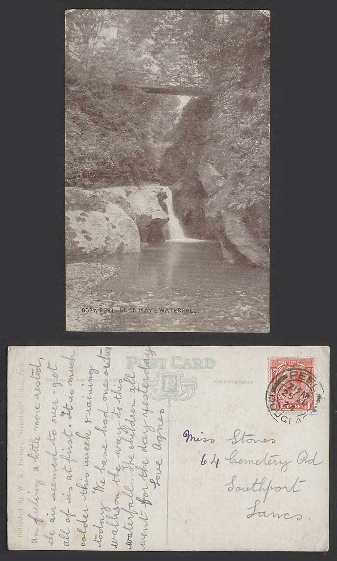 Isle of Man 1924 Old Postcard Peel, Glen Maye Waterfall, Bridge Rocks Water Fall