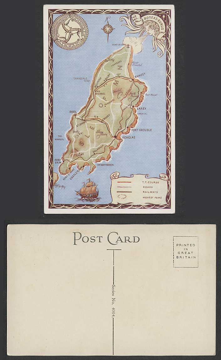 Isle of Man, MAP Old Postcard Ramsey Peel Laxey Douglas Port Erin, Point of Ayre