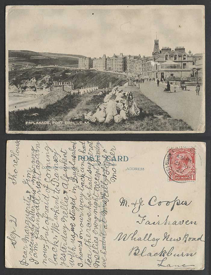 Isle of Man 1d 1922 Old Postcard Esplanade Port Erin Street Scene Beach Panorama