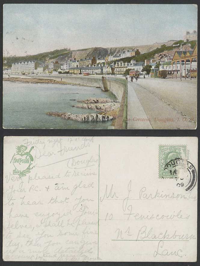 Isle of Man 1909 Old Postcard The Crescent Douglas Street Scene TRAM Tramway IOM