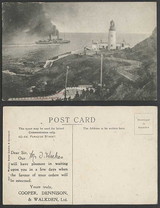 Isle of Man Old Postcard Empress Queen Steamer Passing Douglas Head Lighthouse