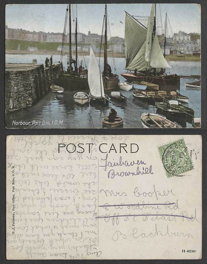 Isle of Man 1913 Old Postcard Harbour Port Erin, Sailing Boats Yachts Pier Jetty
