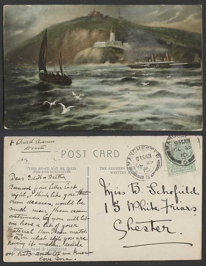Isle of Man Elmer Keene 1910 Old Postcard Douglas Head Lighthouse from Sea Ships
