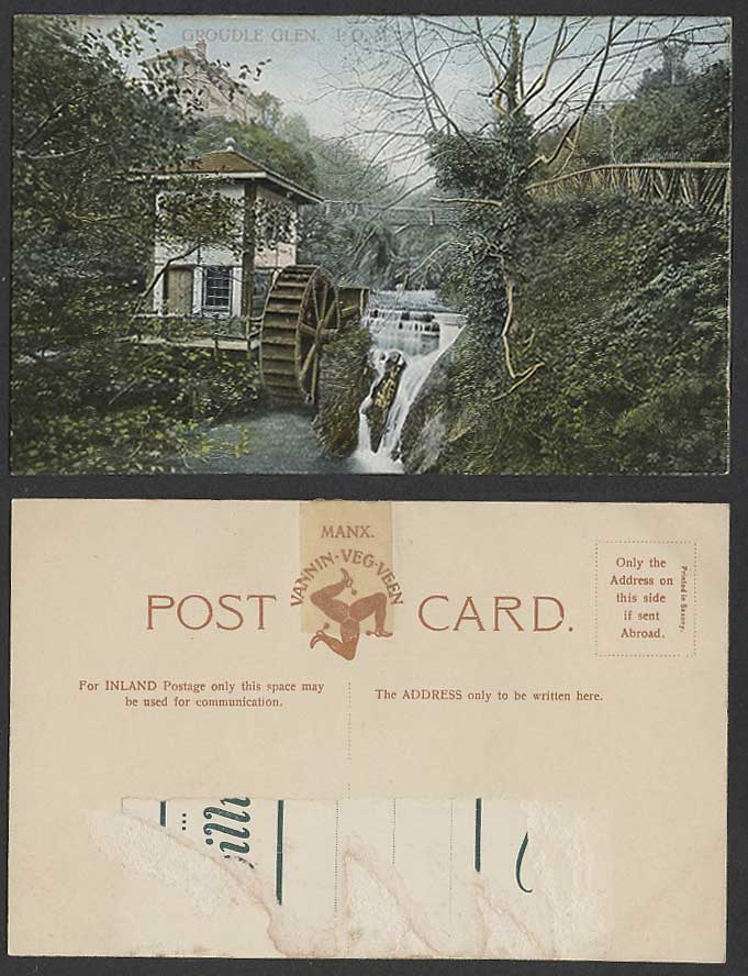 Isle of Man Old Colour Postcard Groudle Glen, Water Wheel Mill Bridge Waterfalls