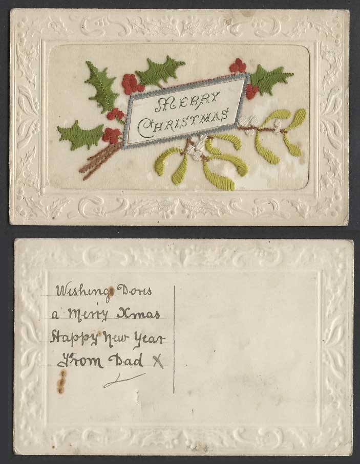 WW1 SILK Embroidered Old Postcard Merry Christmas Holly Xmas, Greetings, Novelty