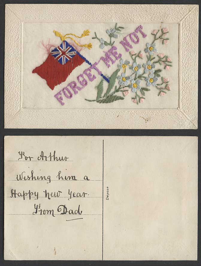 WW1 SILK Embroidered Old Postcard Forget Me Not, Flowers Flag Novelty Greetings