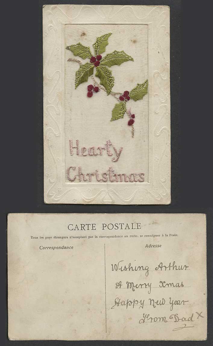 WW1 SILK Embroidered Old Postcard Hearty Christmas Xmas Holly Greetings Novelty