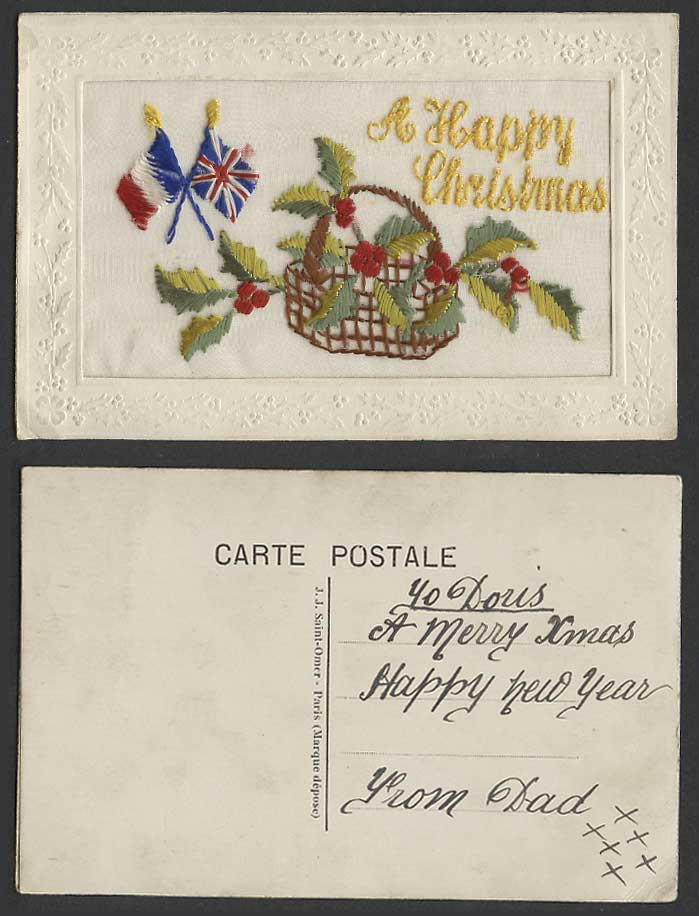 WW1 SILK Embroidered Old Postcard A Happy Christmas, Flags Holly Basket, Novelty