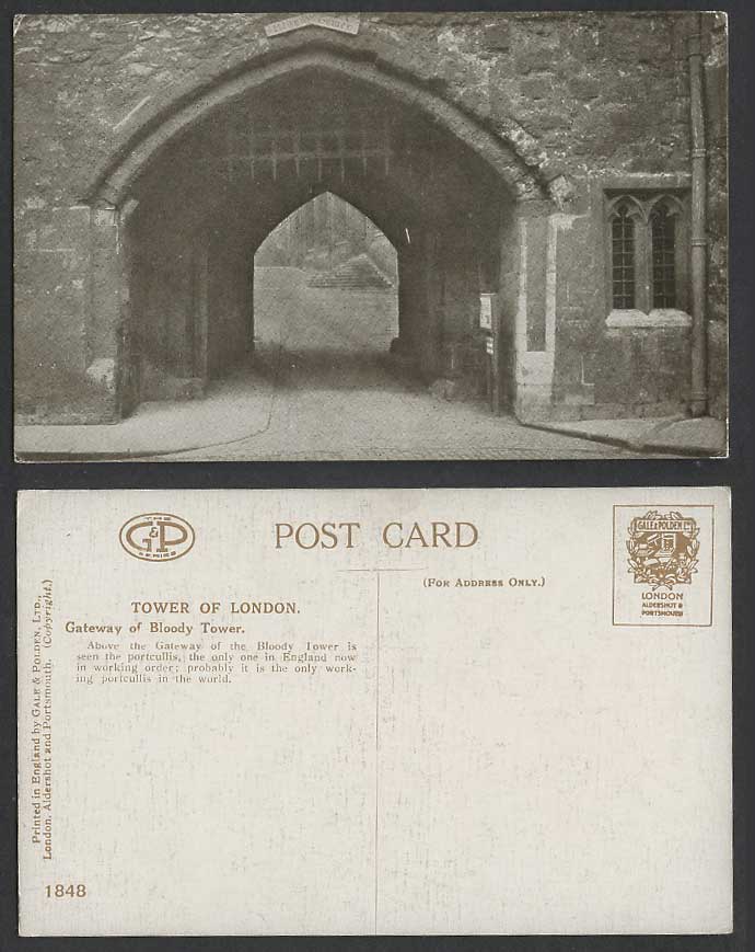 London, Gate, Gateway of Bloody Tower of London, Working Portcullis Old Postcard