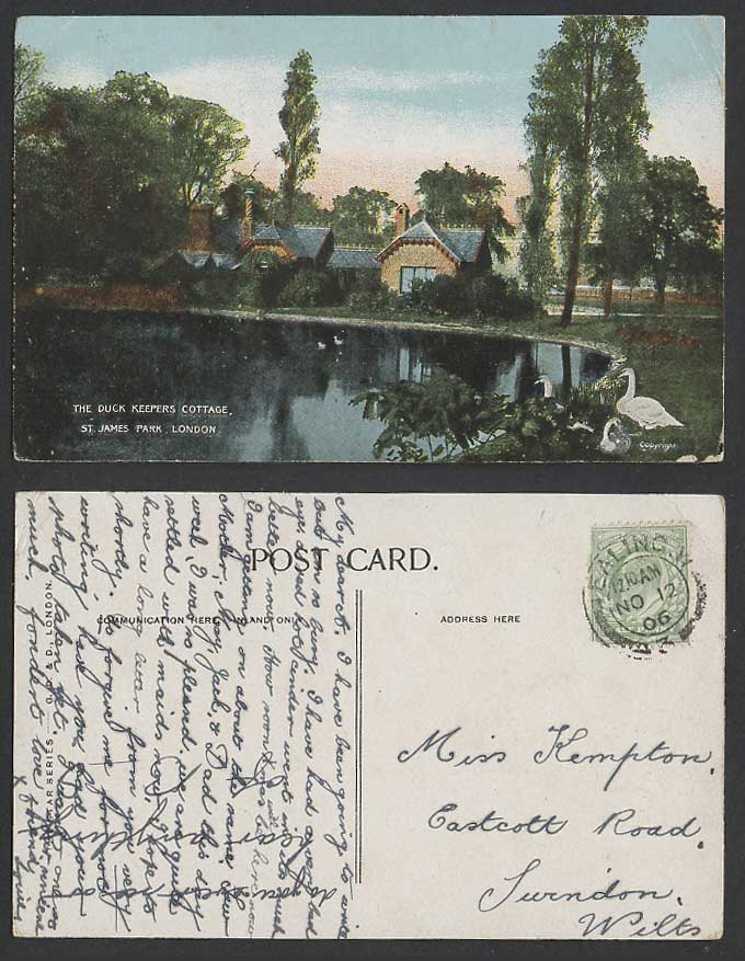 London 1906 Old Colour Postcard St. James Park, Lake, Birds Duck Keepers Cottage