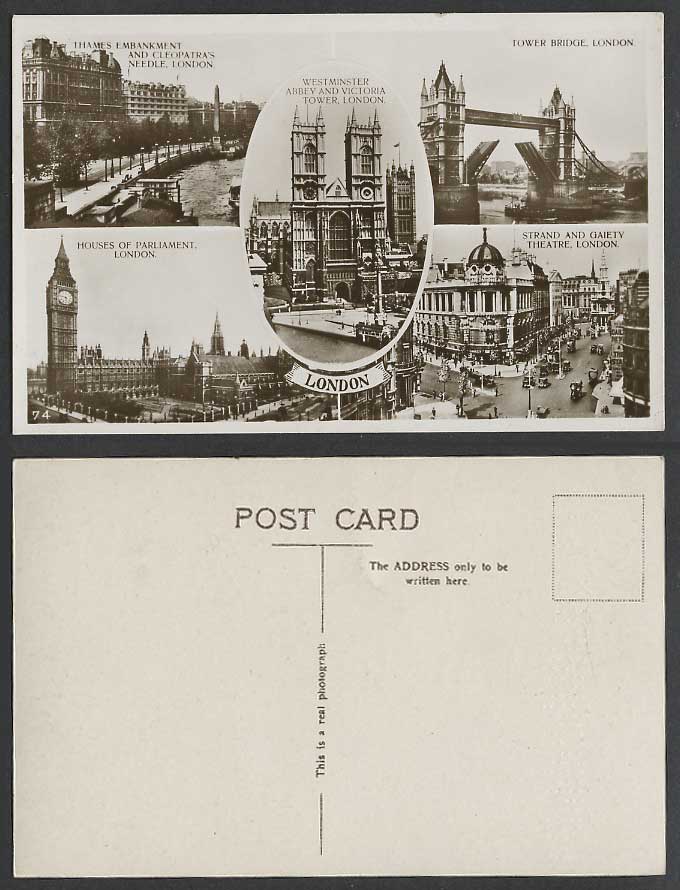 London Old Postcard Strand Gaiety Theatre Embankment Cleopatra's Needle Big Ben
