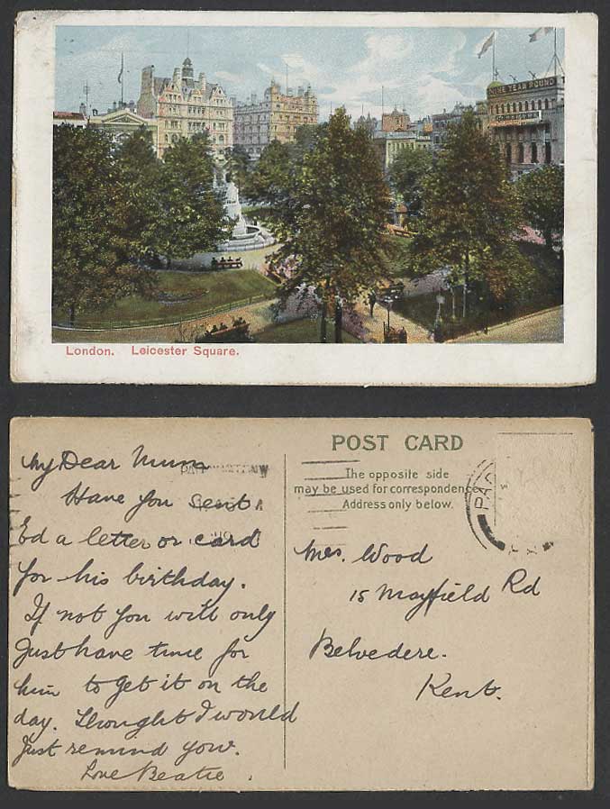 London Old Colour Postcard Leicester Square Fountain Garden Flag Statue Monument