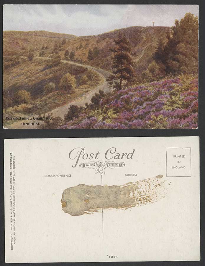 A.R. Quinton Old Postcard Sailor's Stone and Gibbet Hill HINDHEAD Surrey No.1064