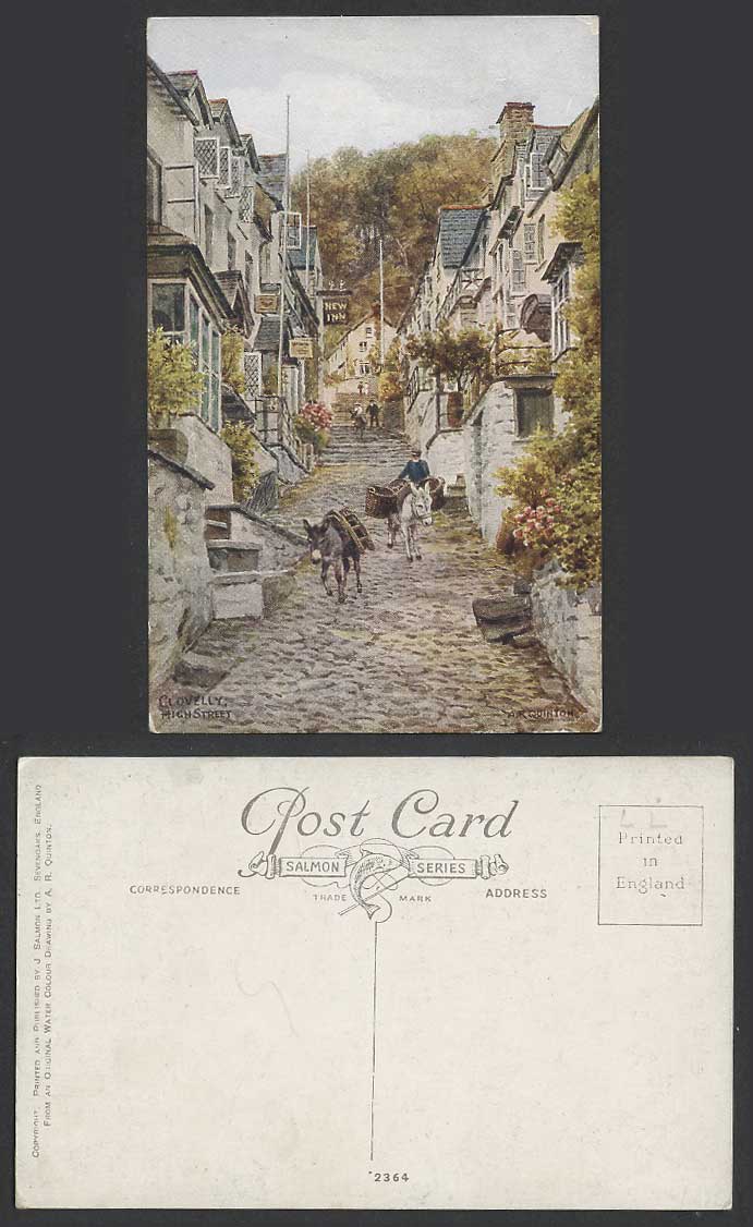 A.R. Quinton Old Postcard High Street Scene, Clovelly Devon, New Inn Donkey 2364
