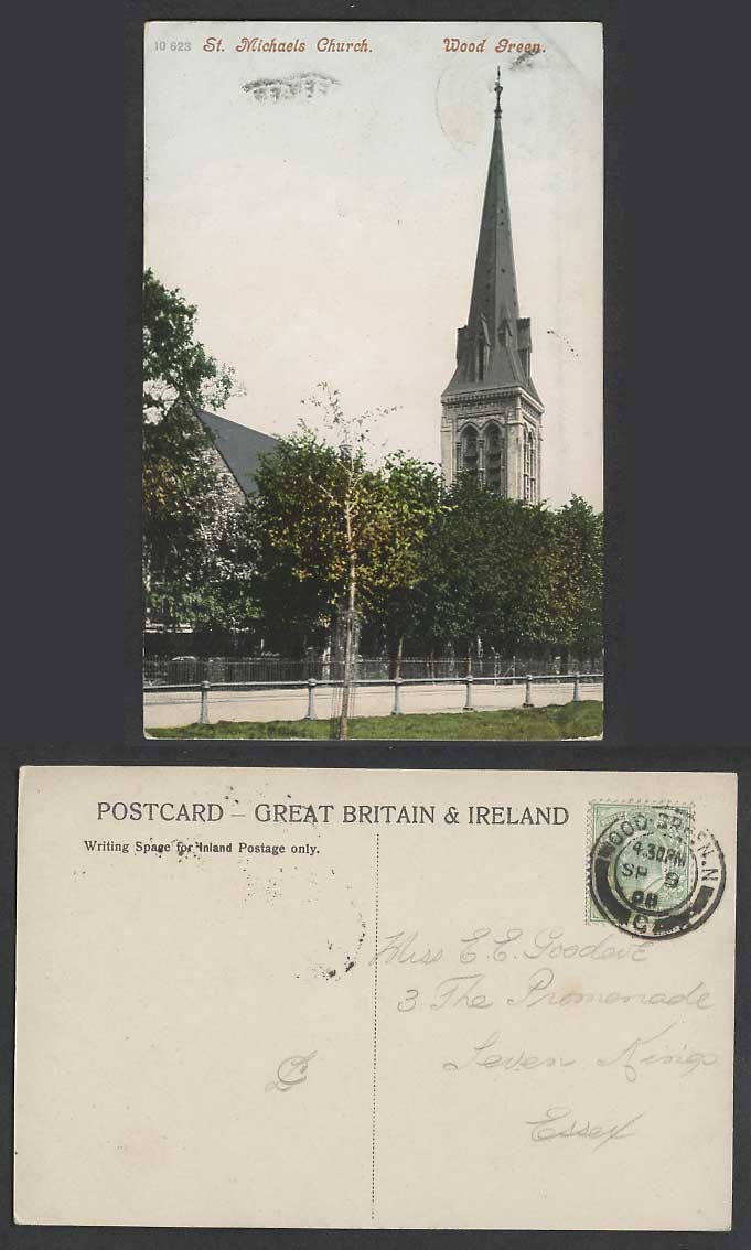 London 1908 Old Colour Postcard Wood Green, St. Michaels Church Tower No. 10 623