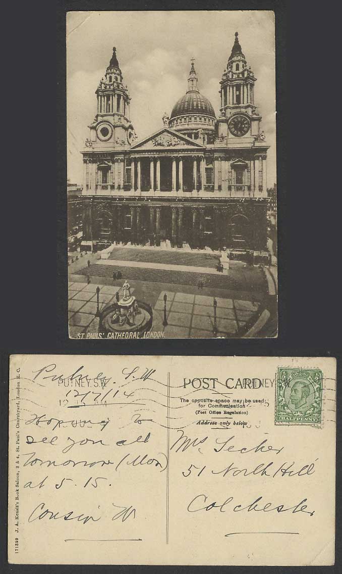 London 1914 Old Postcard St. Paul's Cathedral Fountain Statue Clock Steps J.A.K.