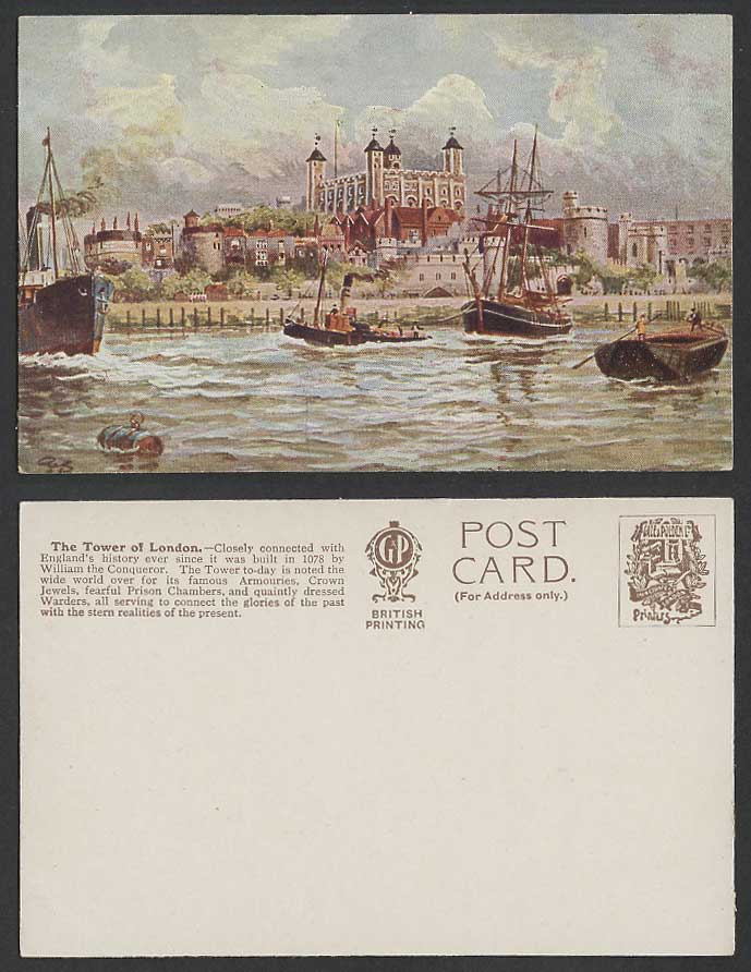 Tower of London Old Postcard Thames River Scene Ships Boats ART AS Artist Signed