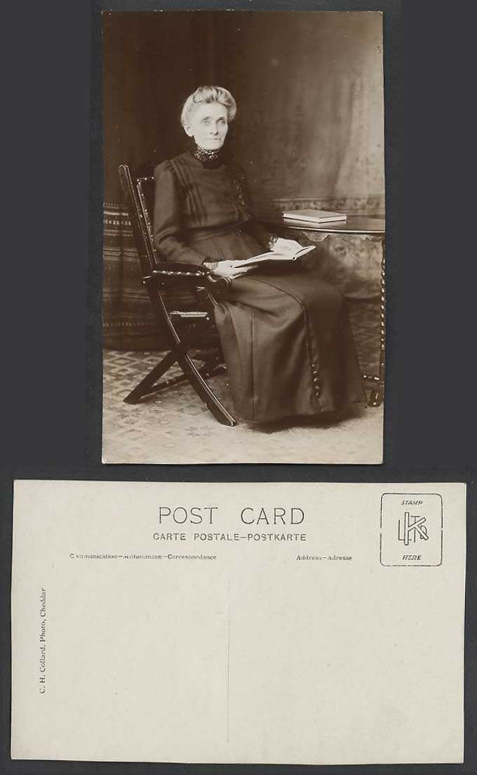 Old Lady Woman Books Antique Chair C.H. Collard Photo Cheddar Old Photo Postcard