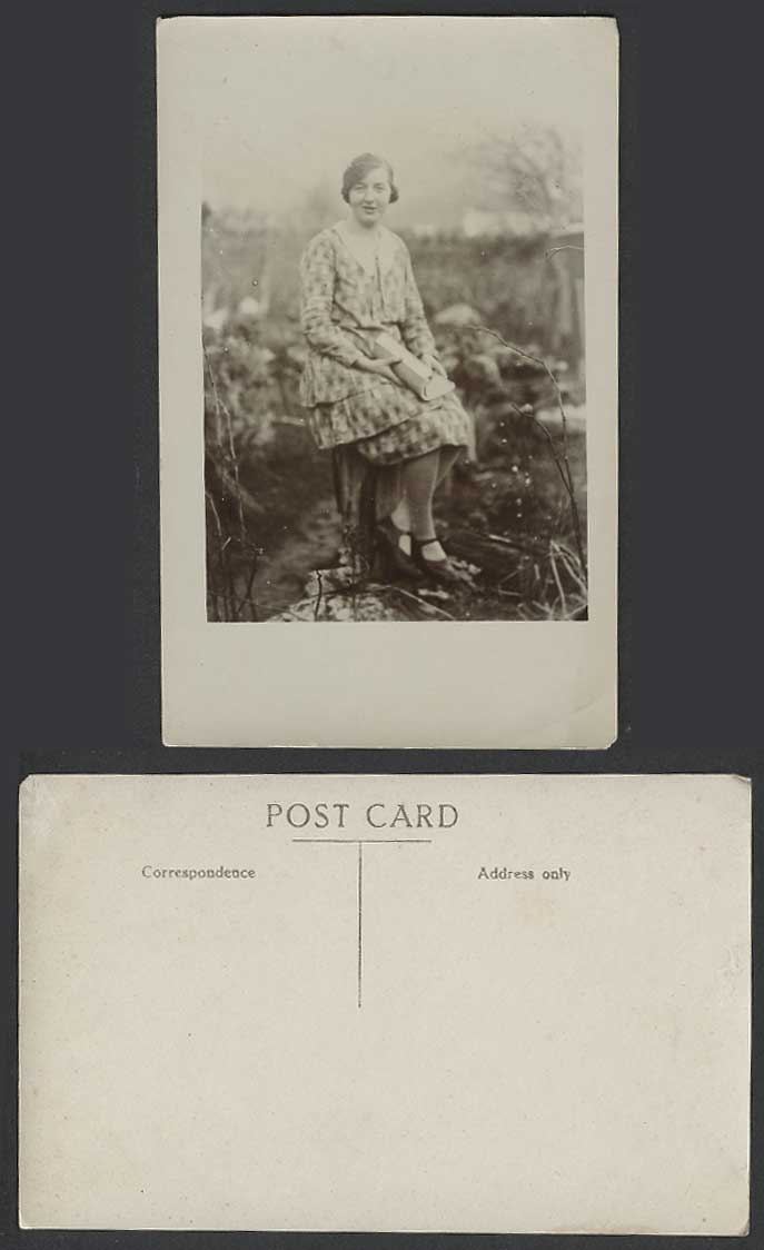 Woman Girl Lady, Book, Sitting in Garden Social History Old Real Photo Postcard
