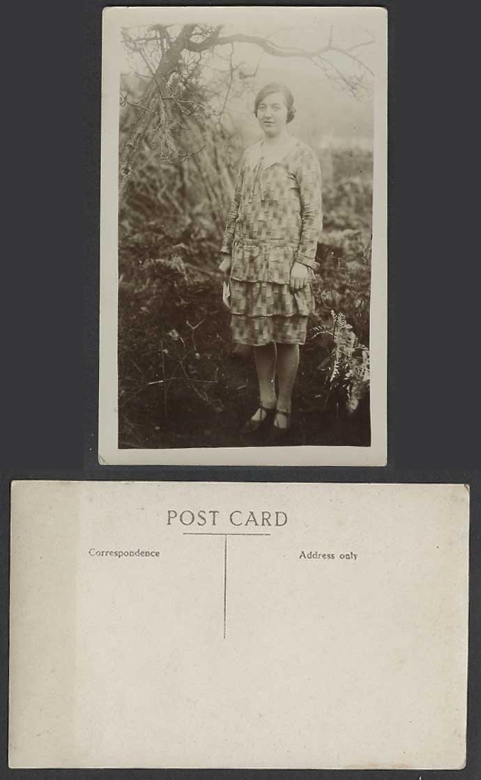 Woman Girl Lady standing in Garden, Dress Social History Old Real Photo Postcard
