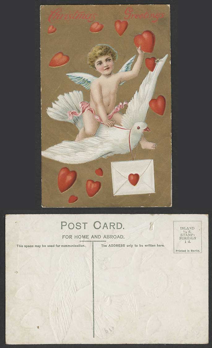 Christmas Greetings Old Embossed Postcard Red Heart Angel Riding White Dove Bird