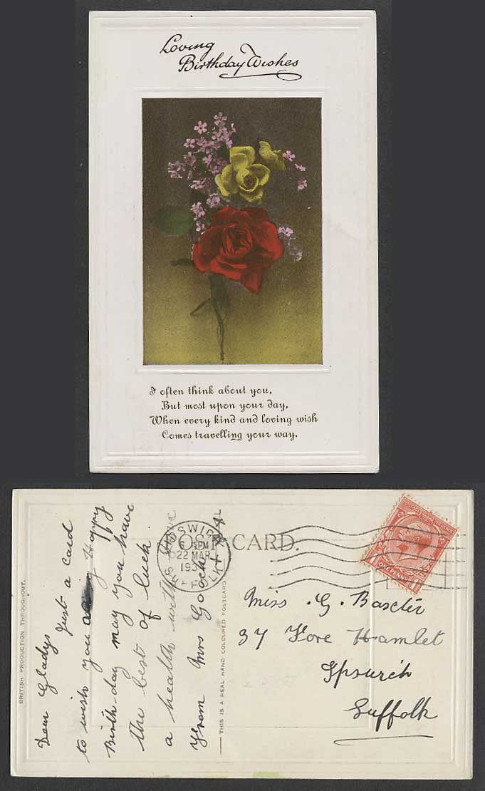 Loving Birthday Wishes, Greetings, Flowers 1934 Old Embossed Real Photo Postcard